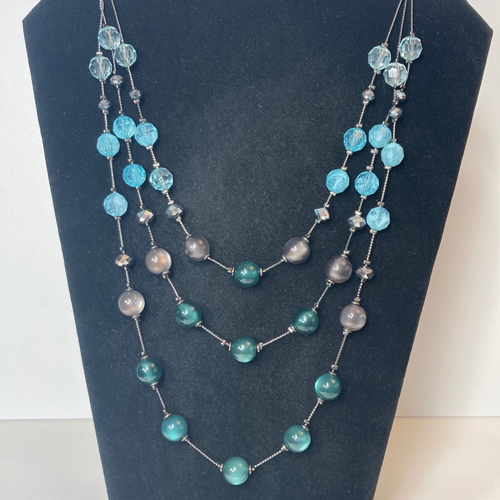 20" 3 Strand Blue Green Smokey Black Tiered Necklace